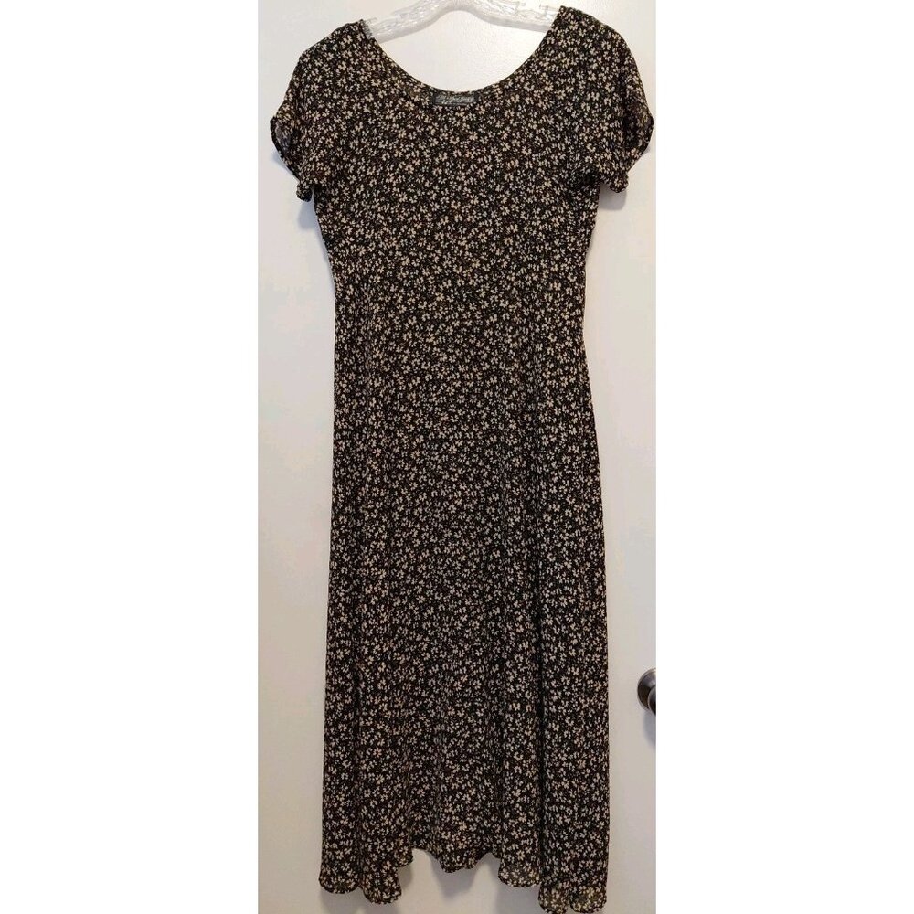 All That Jazz Maxi Dress Empire Waist Short Sleeve Floral Black Gold Small Boho